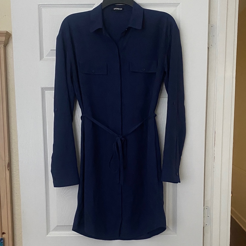 Express Navy Long-Sleeve Sheer Dress with Belt